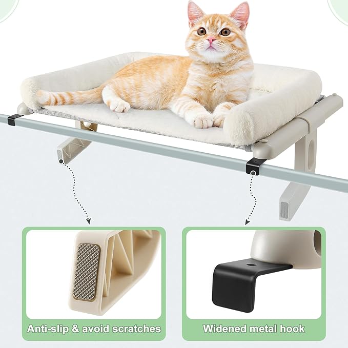Sunhoo Cat Window Perch Hammock Sturdy Windowsill Bed Seat for Large Cats No Drilling No Suction Adjustable Kitty Shelf with Washable Cover Easy Assembly Holds up to 40 lbs 22.05 * 15 in (White, S)
