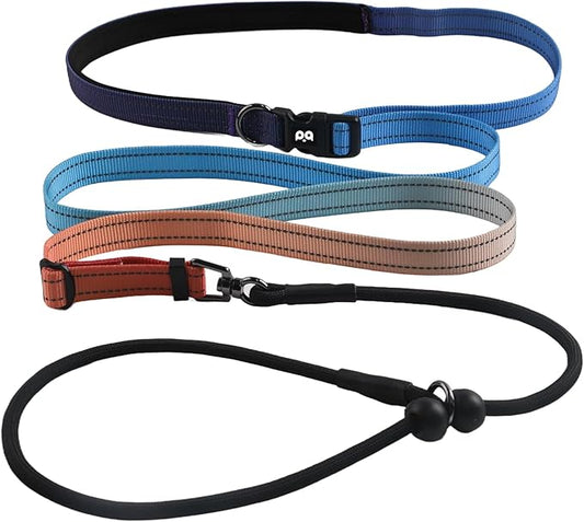 QQPETS Adjustable Slip Lead Dog Leash, Hands Free Waist Leash for Dog Walking, Reflective Training Lead with 360° Swivel Anti-Tangle, 4-7 ft Length for All Breeds