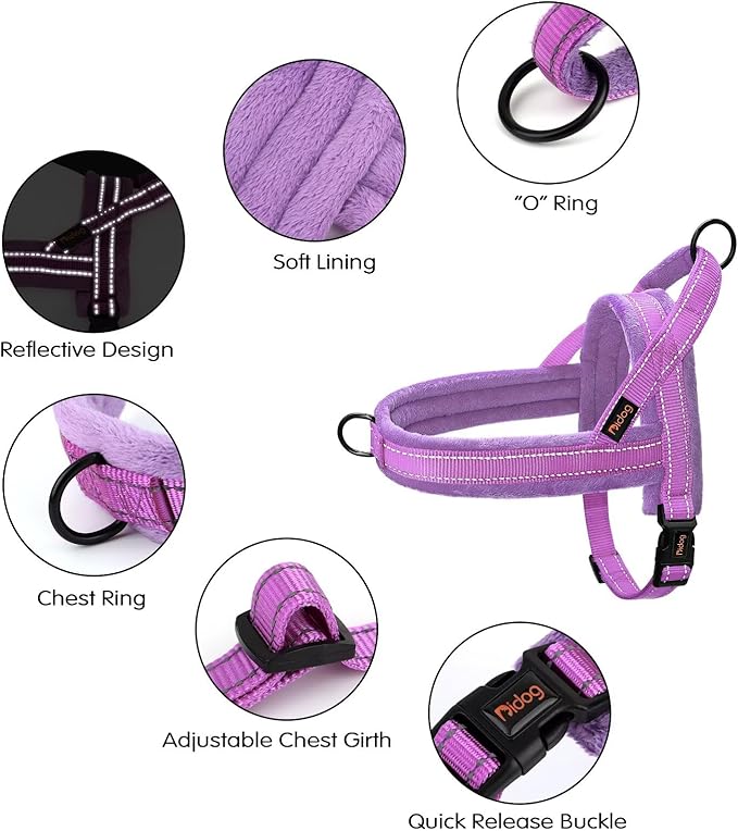 Didog Soft Flannel Padded Dog Vest Harness, No Pull/Quick Fit Reflective Dog Strap Harness, Easy for Training Walking (L:Chest 26-32", Purple)