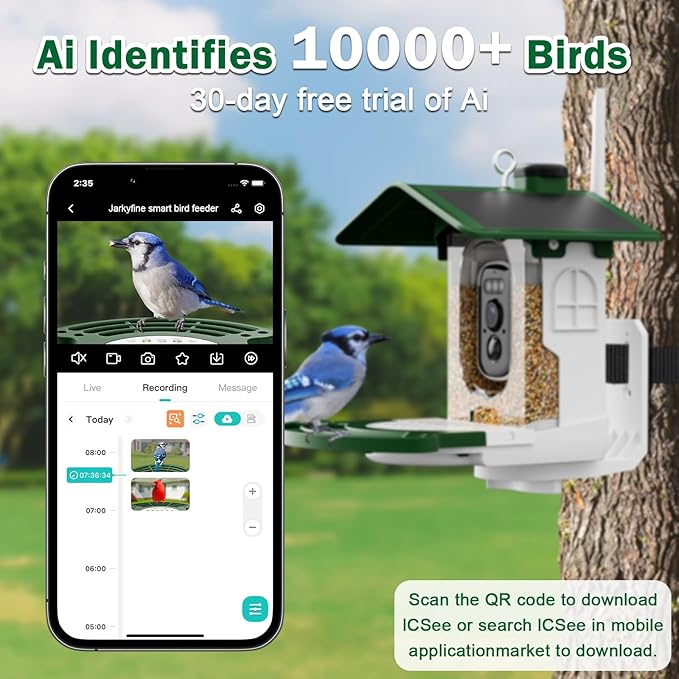 Smart Bird Feeder with Camera Solar Powered - AI Bird Identification, 2.4Ghz WiFi, 2K HD Video Live Stream Camera, 3MP Photos, 2.9in Focus, Gifts for Mom Dad Birdlovers, Green