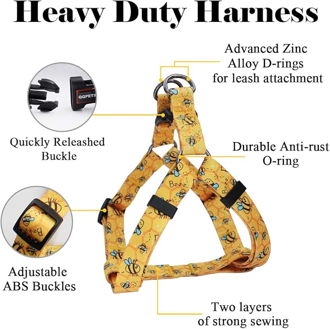 QQPETS Dog Harness Leash Set Adjustable Heavy Duty No Pull Halter Harnesses for Small Medium Large Breed Dogs Back Clip Anti-Twist Perfect for Walking (M(19"-26" Chest Girth), Yellow Bee)