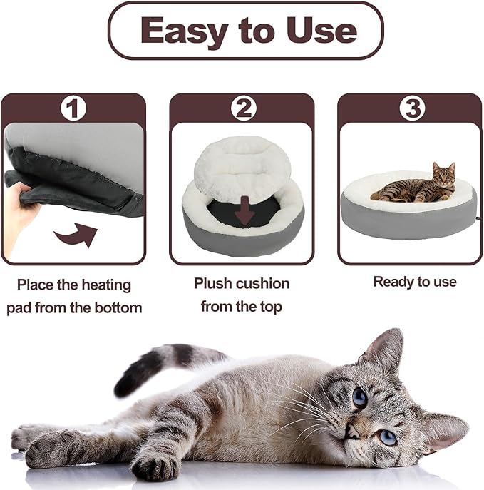Rypet Heated Cat Bed Indoor, Soft & Cozy Donut Heated Pet Bed with Timer and Timer, Adjustable Temperature Heated Dog Beds for Small Dogs and Senior Cats with Chew Resistant Cord