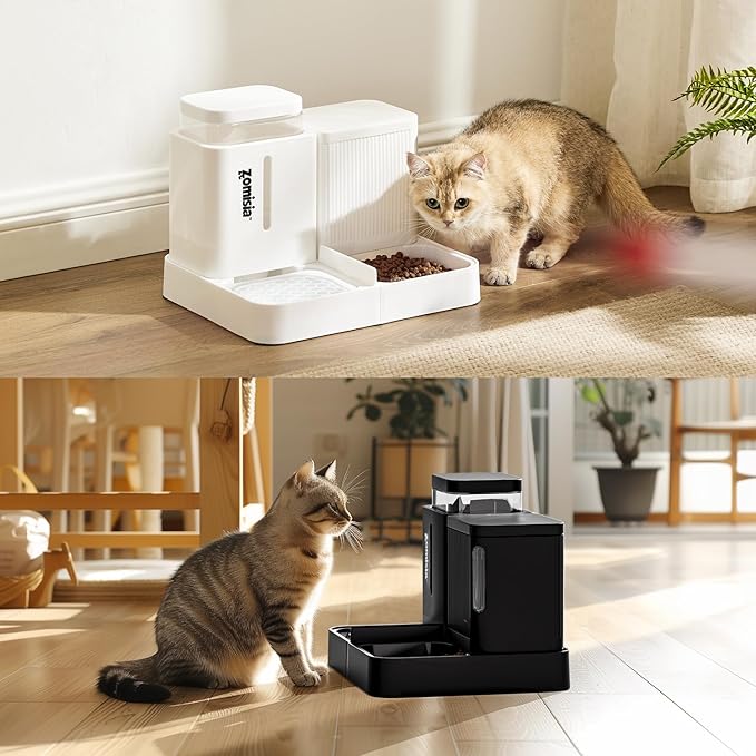 Automatic Cat Feeder and Water Dispenser Set, 2 in 1 Gravity Cat Food Dispenser with 180 Degree Rotatable, Pet Self Feeding Large Capacity for Small Dogs Puppy Kitten, Black, 0.8 Gallon x 2