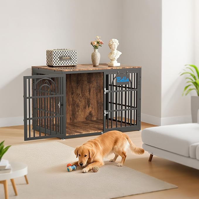 42" Dog Crate Furniture, Heavy Duty Dog Crates, Dog Kennel Furniture Indoor for Large Dog as TV Stand, Wooden Cage End Table for Indoor Decoration, Name Tag Escape-Proof Locks & Double Door