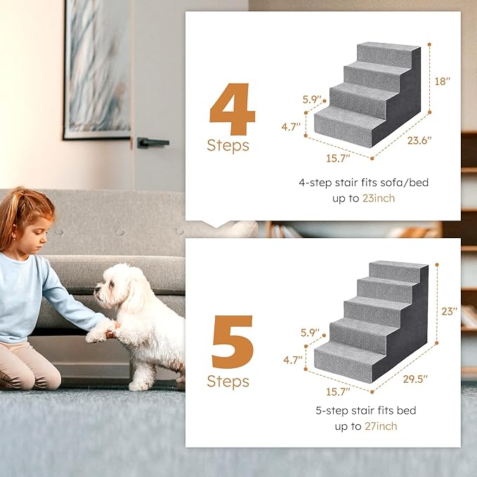 Heeyoo Dog Stairs for Small Dogs, 4-Step Dog Steps for High Bed and Couch, High-Density Foam Pet Steps with Supporting Board, Non-Slip Removable Washable Cover, Grey, 18" High
