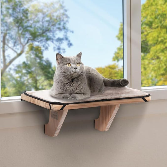 PETSFIT Cat Window Perch, Natural Solid Wood Cat Hammock with Removable Fleece Mat, Easy to Assemble Window Perch for Large Cats, Fits Windowsill, Bedside & Drawer