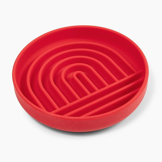 Should We Go? Slow Feeder for Dogs & Puppies, The Slowdown Bowl Silicone Slow Eating, Modern Lick Mat Design, Reduces Gulping, Fits 2 Cups, 7.5” Across x 1.5” Tall, Mealtime Challenge, Medium-Cherry