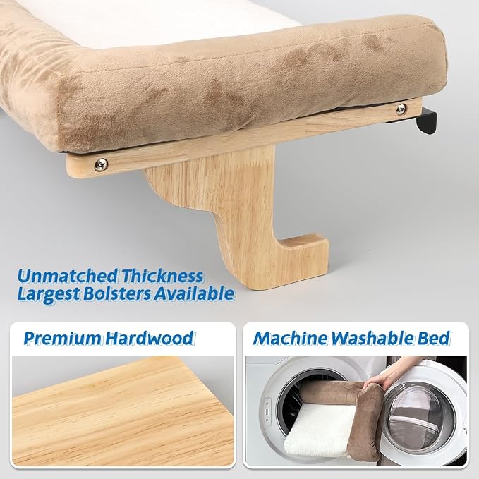 Zakkart Cat Perch for Window Sill with Bolster - Orthopedic Hammock Design with Premium Hardwood & Robust Metal Frame - Cat Window Seat for Large Cats - Natural Color Wood Brown Bed, XLarge 26.4''W