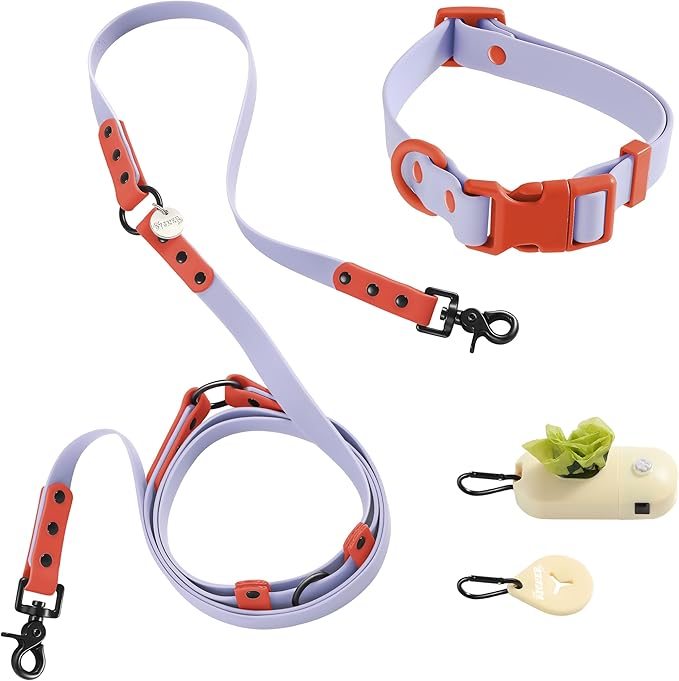 WLK1005E-5SET Luna Medium 8FT Adjustable 6-in-1 Waterproof Hands-Free Leash and Collar with LED Flashlight, Bag Dispenser, and Poop Bag Holder, Sangria