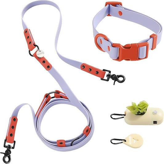 WLK1005E-5SET Luna Medium 8FT Adjustable 6-in-1 Waterproof Hands-Free Leash and Collar with LED Flashlight, Bag Dispenser, and Poop Bag Holder, Sangria