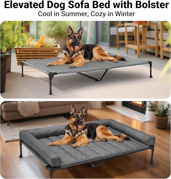 Veehoo Cooling Elevated Dog Bed Add Removable Waterproof Bolster Cushion Mat, Raised Pet Cot with Breathable Teslin Mesh, No-Slip Feet, Dog Couch Bed for Indoor Outdoor, 53 inches, Black Silver