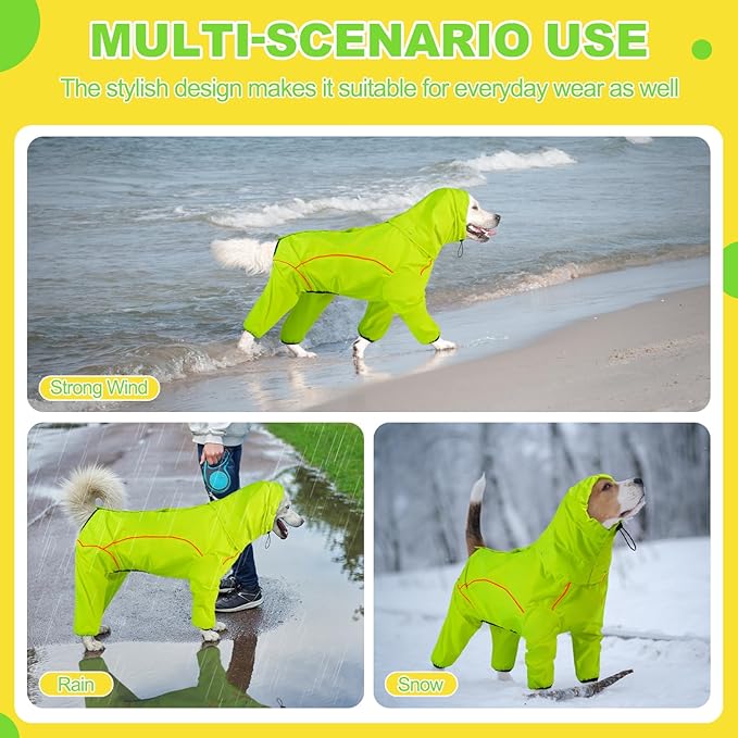 Dog Raincoat, Waterproof Dog Rain Jacket with Removable Hood，Adjustable 4 Legs Pet Poncho with Leash Hole，Reflective Stripe Hooded Snowproof Windproof Clothes for Small to 3X-Large Dogs, 2XL