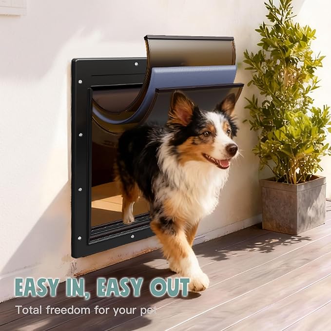 Durable Frame 3-Flap Wall Dog Door, Extreme Weather Medium Doggie Door for Wall, Never Rust Plastic Wall Pet Door, Telescoping Tunnel, Insulation Flap, 2 Magnetic Flaps, for Pet Up to 45lb