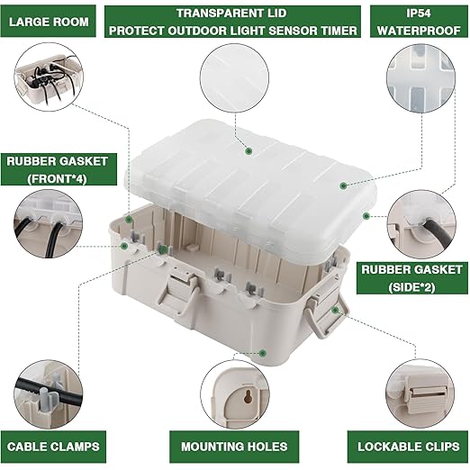 Flemoon Outdoor Electrical Box with Transparent Lid, IP54 Waterproof Electrical Box Outdoor, Large Weatherproof Extension Cord Cover with Clear Cover for Photocell Light Sensor Timer, Outlet, Almond