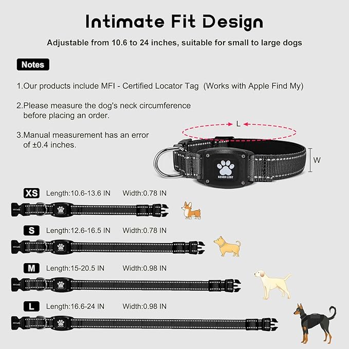 GPS Dog Collar Tracker 2-in-1,Reflective Waterproof Pet Collar,iOS-Only,No Monthly Fees,Unlimited Range,Ideal for Dog Tracking pet Tracker,for Small Medium Large Dogs(XS (10.6"-13.6"), Black)