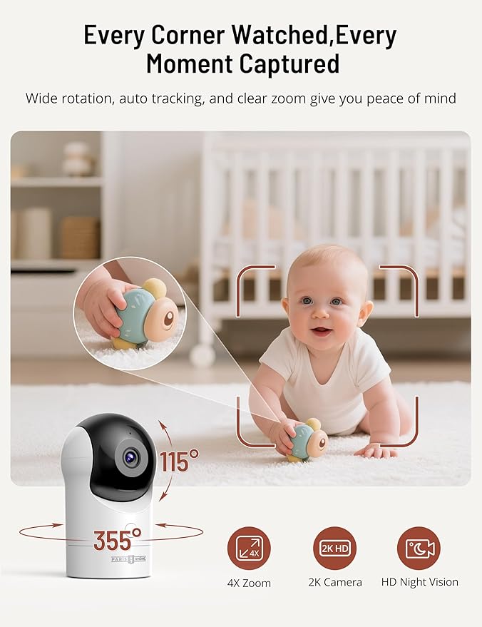 PARIS RHÔNE 2K Split-Screen Baby Monitor, 5” Smart Video Baby Monitor with 2 Cameras, Dual WiFi Cameras with App Control, Night Vision, Motion & Cry Alerts, Auto Tracking, RGB Night Light, Lullabies