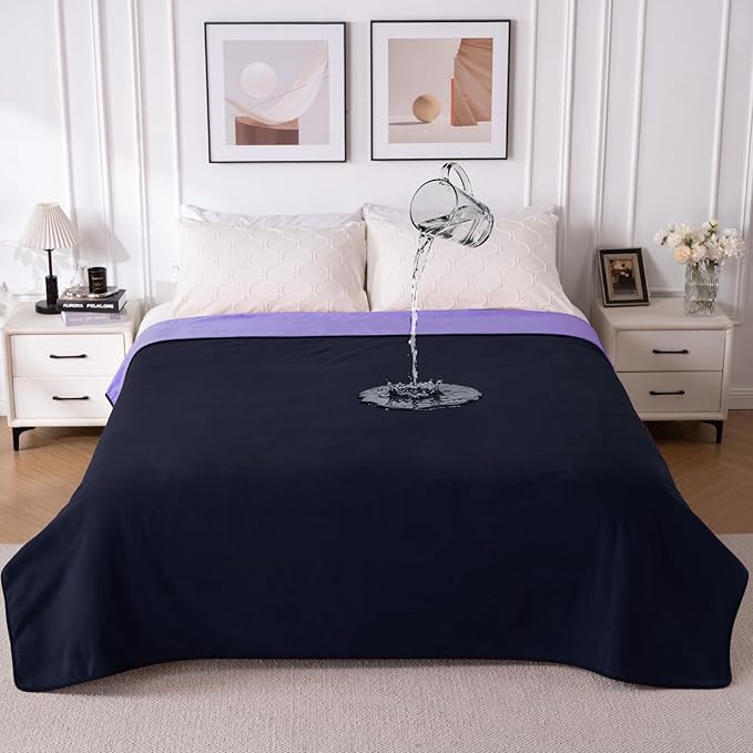 QiyI Waterproof Blanket for Bed King Size, Washable Reversible Bed Cover, Large Leakproof Stain-Resistant Furniture Protector for Travel & Camping, 80"x90", Dk Purple/Lt Purple