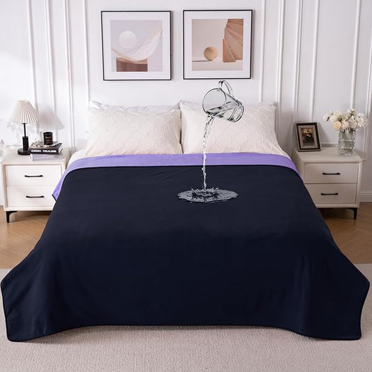QiyI Waterproof Blanket for Bed King Size, Washable Reversible Bed Cover, Large Leakproof Stain-Resistant Furniture Protector for Travel & Camping, 80"x90", Dk Purple/Lt Purple