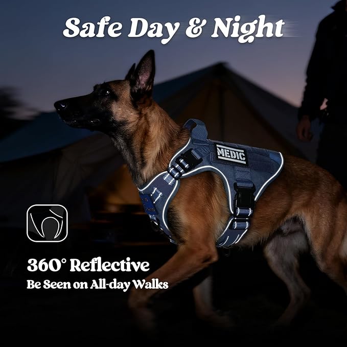 rabbitgoo Tactical Dog Harness for Large Dogs, No Pull Upgraded Reflective Heavy Duty Molle Vest with Handle, Adjustable Military Service Dog Vest for Walking Hiking Training, Blue, XL