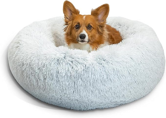 Best Friends by Sheri The Original Calming Donut Dog Bed – Washable Plush Pet Bed for Medium Breeds up to 45 lbs, Shag Faux Fur, Frost Gray, Medium (30" x 30")