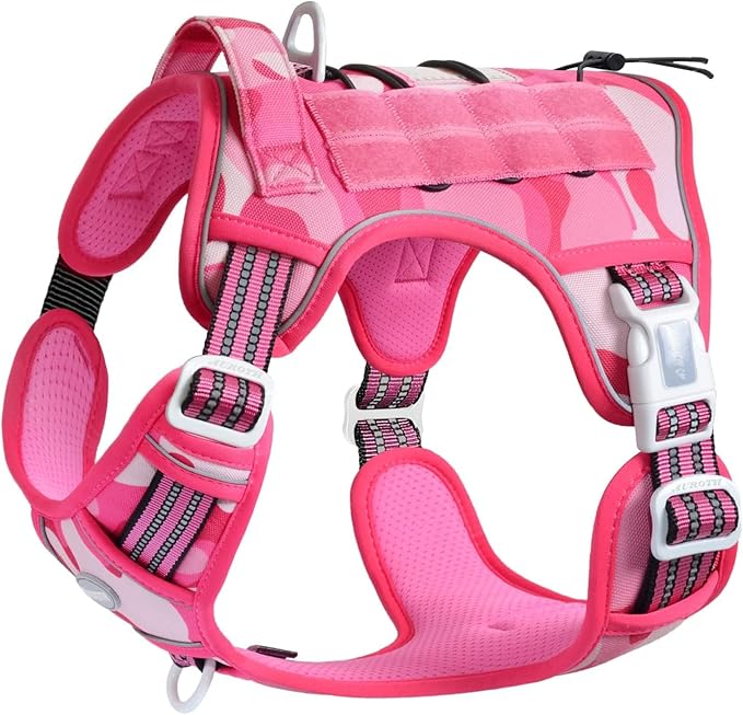 Auroth Tactical Pet Harness for Small Medium Large Dogs No Pull Adjustable, Reflective K9 Working Training Easy Control Vest Military Service Dog, Medium, Pink Camo