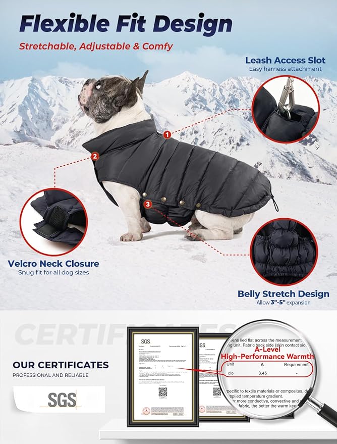 SPACE LION Dog Puffer Jacket, Down Winter Coat, Durable Outdoor Coat for Cold and Windy Conditions, Lightweight & Adjustable Fit Coats for Large Dogs, (Black, Size26/3XL)