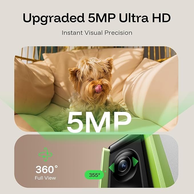 5MP Ultra HD Pet Camera - Dog Camera with Treat Dispenser, Remote Treat Tossing via Phone App, 360° Auto Tracking & Motion Alerts, 5G&2.4G WiFi for Cats Indoor, Green