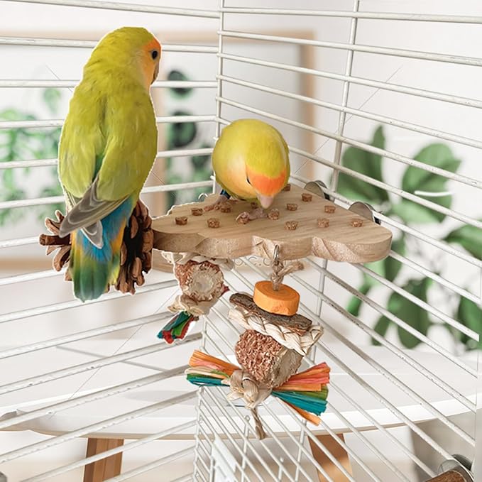 Parrot Toys, Parrot Wooden Toys Long Tailed Bird Toys with Pure Natural Corn Sticks and Pure Natural Pine Cones, Fun Bird Cage Accessories