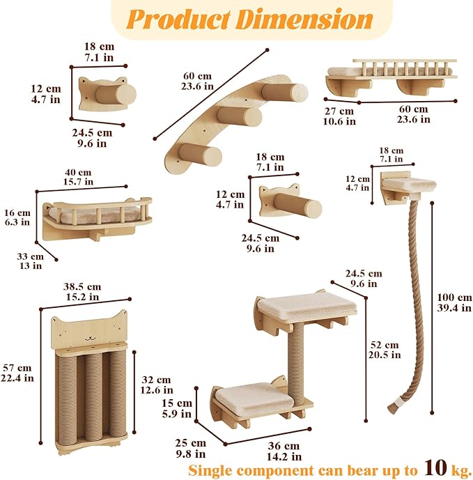 BYBYME Cat Climbing Wall Set Made of Natural Wood, 8 Pcs Sturdy Furniture with Scratching Posts, Kitten Platform, 100CM Sisal Rope and Cat Bed for Cats Sleeping, Playing, and Lounging（Natural Wood）