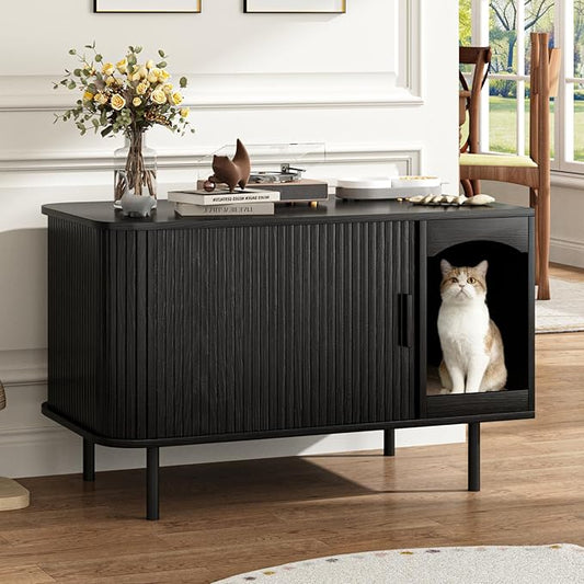 Cat Litter Box Enclosure Furniture, Fluted Hidden Litter Box Furniture with Scratching Pad, Large Wood Cat House Indoor Modern Cabinet Side End Table for Living Room, Entryway, Black