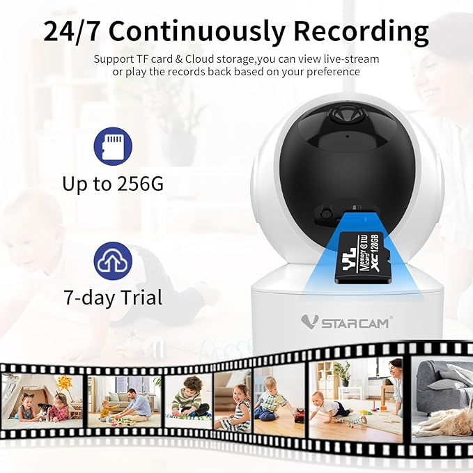VSTARCAM 3MP Pet Camera Indoor with Phone App, 360° Indoor Security Camera with Color Night Vision, Motion Detection & 2-Way Audio, 24/7 SD & Cloud Storage，2.4GHz WiFi, in Plug
