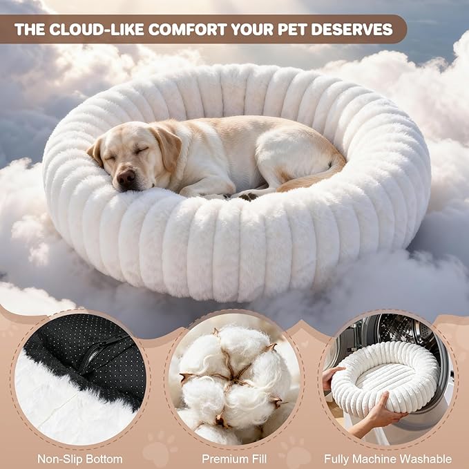 Self Warming Pet Bed, Donut Dog Bed for Large Dogs - Pet Bed with Removable Cover, Self-Heating Winter Pet Beds for Medium & Big Dogs, Egg Tart Design (L)