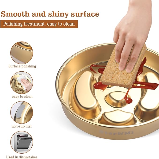 Golden Stainless Steel Slow Feeder Dog Bowls – Non-Slip Metal Dog Bowl for Large & Medium Breeds, Puppy Puzzle Feeder – 2 Cup Capacity for Small to Big Pets – Durable Slow Feed Dog & Cat Food Dish