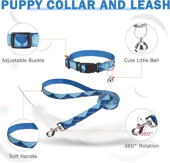 SCENEREAL Small Dog Harness and Leash Collar Set, Step in No Pull Soft Mesh Dog Harnesses for Small Medium Sized Dogs Puppy and Cats Outdoor Walking, No Chock Reflective Vest Harness, Blue Plaid S