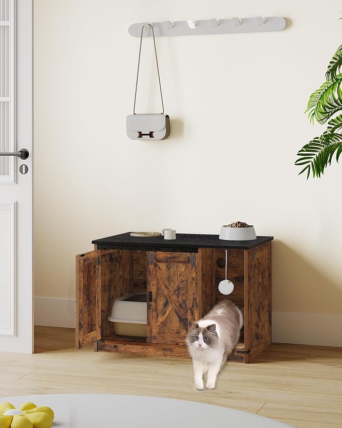 Cat Litter Box Enclosure, Hidden Litter Box Cabinet Furniture with Bell, Indoor Cats House, Farmhouse Style, 31.5 x 19.7 x 20.9Inches, for Hallway, Bedroom, Rustic Brown and Black CB82401X
