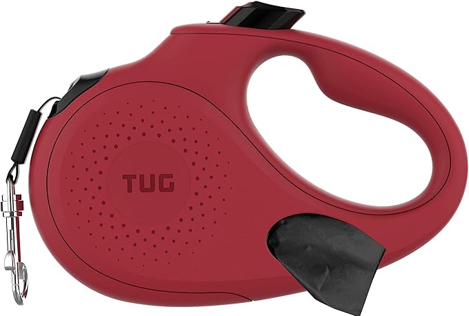 TUG Oval 360° Tangle-Free Retractable Dog Leash with Integrated Waste Bag Dispenser (Small, Red)