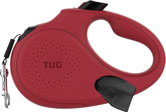 TUG Oval 360° Tangle-Free Retractable Dog Leash with Integrated Waste Bag Dispenser (Small, Red)