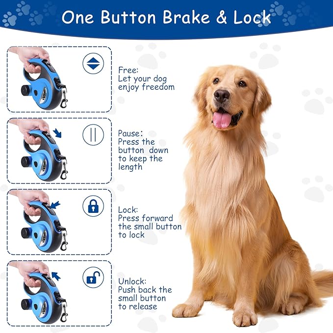 26Ft Retractable Dog Leash - for Dog Up to 110lbs, Tangle Free Walking Leash with Chew Proof Cable | LED Light | Dispenser | Poop Bags, Quick Lock Braking & Non-Slip Handle (Blue)