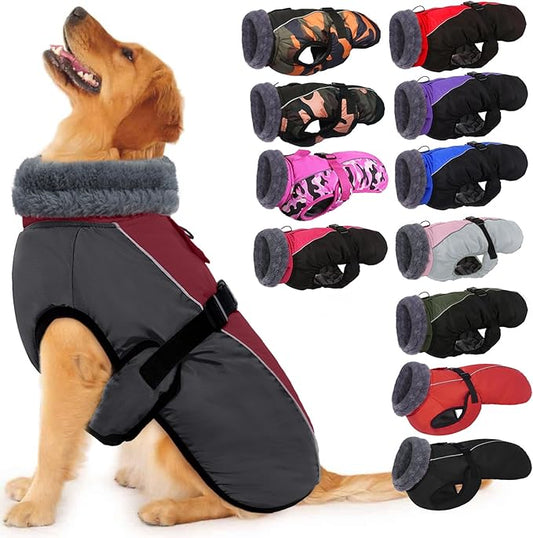 IECOii Extra Warm XXL Dog Coat - Reflective, Adjustable Dog Jacket for Cold Weather Outdoor, Waterproof Windproof Dogs Winter Jacket with Soft Fleece, Machine Washable for Large Dogs, Burgundy, 2XL