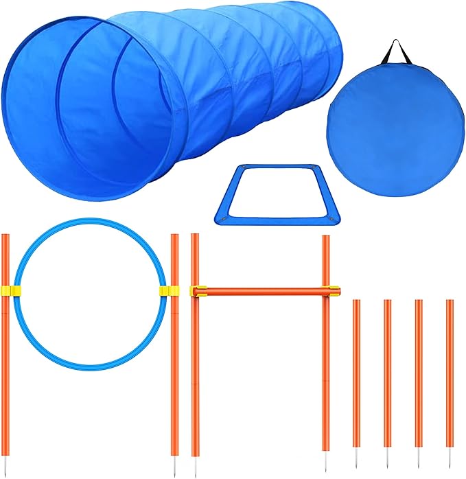 XiaZ Dog Agility Equipments, Obstacle Courses Training Starter Kit, Pet Outdoor Games for Backyard Includes Dog Tunnel, Jumping Ring, High Jumps, 4 Pcs Weave Poles, Pause Box with Carrying Case