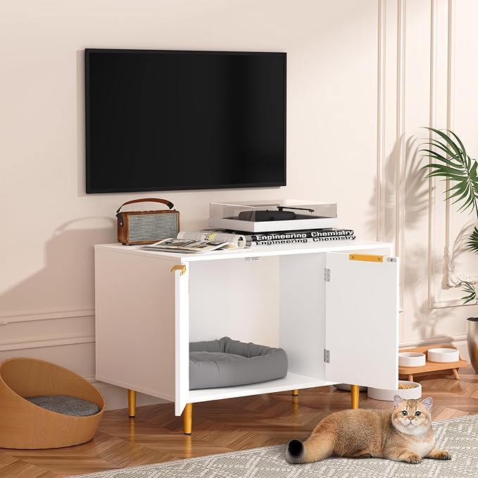 Litter Box Enclosure, Cat House Litter Box Furniture Hidden with Scratching Mat, Modern Cat Washroom Indoor, Side End Table, Storage Cabinet Bench for Living Room, Bedroom, White