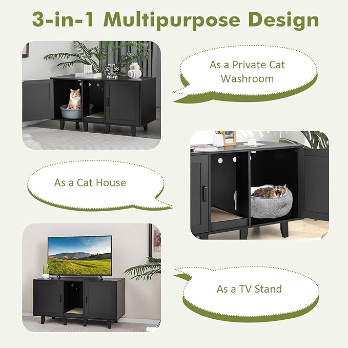 Tangkula Double Cat Litter Box Enclosure for 2 Cats, Large Stackable Hidden Privacy Cat Washroom Cabinet with Scratching Board, Indoor Cat House TV Stand Side Table, Litter Box Furniture (Black)