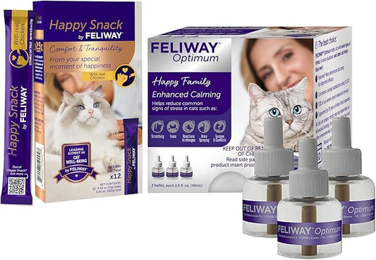 FELIWAY Optimum 3 x 30 Day Cat Calming Refills for Pheromone Diffuser & Happy Snack by FELIWAY Delicious Calming cat Treats (12-ct Chicken Flavor)