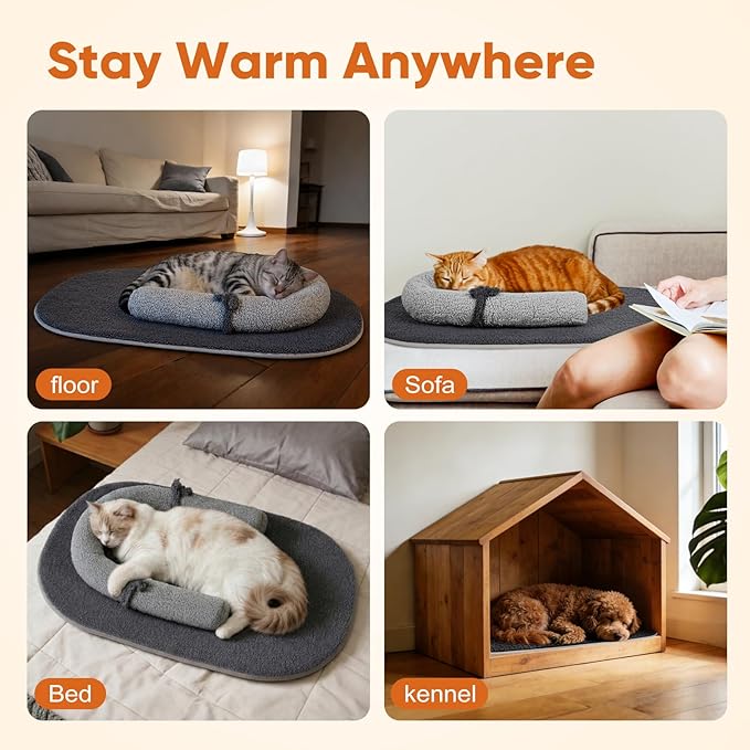 Self Warming Cat Bed Mat with Soft U-Shaped Pillow– Thickened Calming Cat Bed for Kittens and Small Dogs – Portable Washable Cats Warming Pad for Indoor or Travel Use,Black