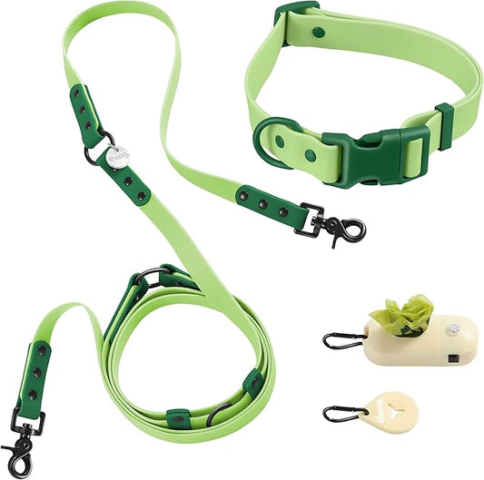 WLK1006B-5SET Luna Large 8FT Adjustable 6-in-1 Waterproof Hands-Free Leash and Collar with LED Flashlight, Bag Dispenser, and Poop Bag Holder, Mojito