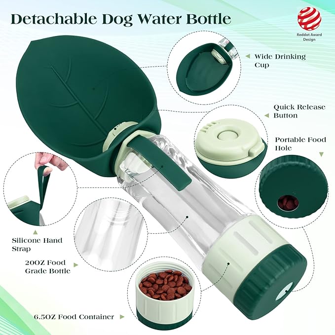 Dog Water Bottle Dispenser for Walking, Pet Water Feeder Container Portable with Drinking Cup Bowl Outdoor Hiking, Travel 20OZ Large Green