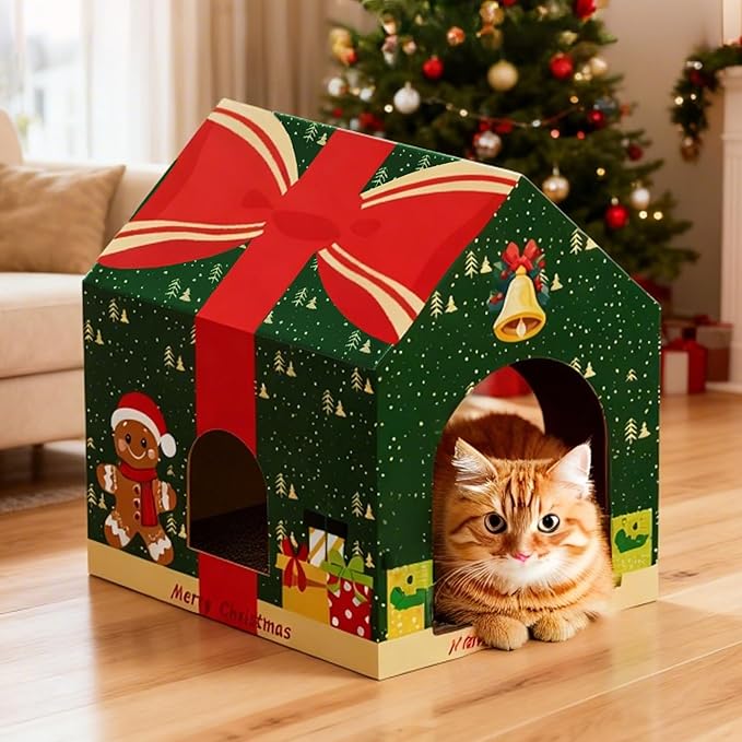 Christmas Cardboard Cat House with Scratching Pad (15"x12"x15") Christmas Decorations Scratching Pad for Kitty Cat Play House for Indoor Cats Christmas Green