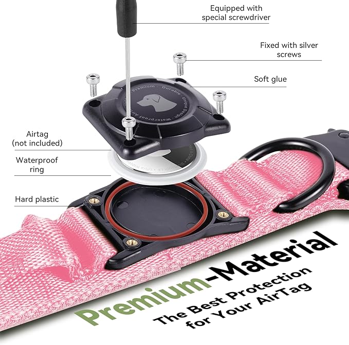 2025 Upgrade Waterproof AirTag Dog Collar, Military Tactical Dog Collar with AirTag Holder, Comfortable Control Handle and Metal Buckle, GPS Dog Collar Holder for Medium to Large Dogs (Pink,L)