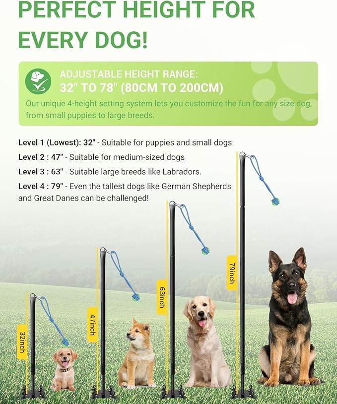 Tether Tug Outdoor Dog Toy, 31"-78" Tug of War Dog Toy with Safety Pole Cover, 3 Replaceable Ropes & Spiral Ground Anchor - 4 Durable Spring Pole Interactive Pull Toy for Large Medium Small Dogs