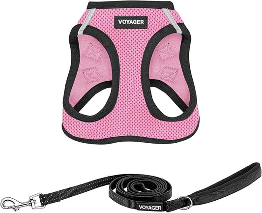 Voyager Step-in Air All Weather Mesh Harness and Reflective Dog 5 ft Leash Combo with Neoprene Handle, for Small, Medium and Large Breed Puppies by Best Pet Supplies - Pink Base, L